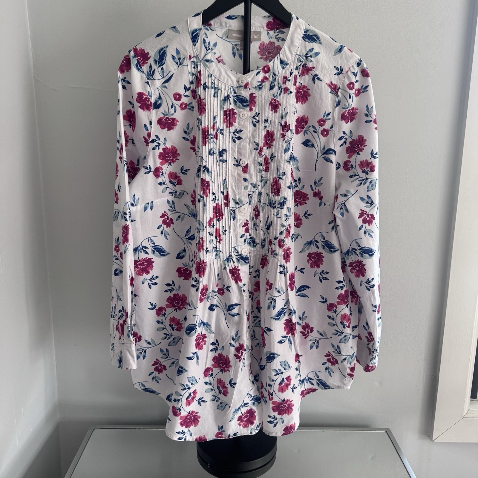 Woman Within Floral Tunic Top 18/20 L Pink Blue Pintuck Button Cotton